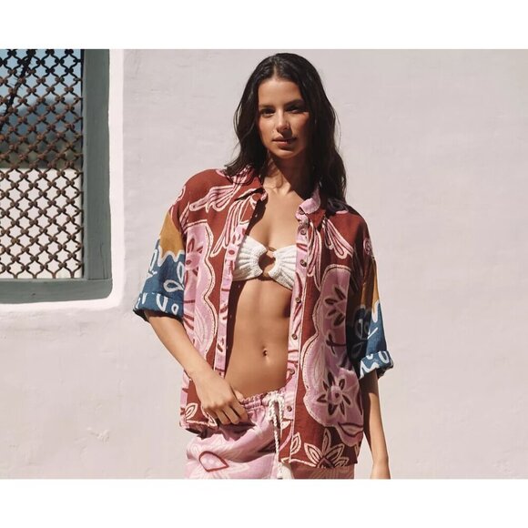 By Anthropologie Short-Sleeve Printed Linen Button down Shirt 3X Plus Size - Picture 4 of 4